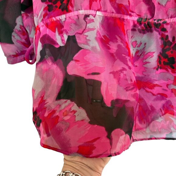 Elle Sheer Pink Floral Blouse Ruffle Neck Maximalist Floral Size XL - Picture 6 of 9
